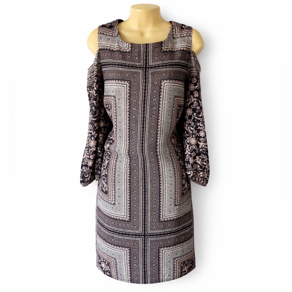 AUW Cold Shoulder Shift Dress Pink Navy Geometric Floral 12